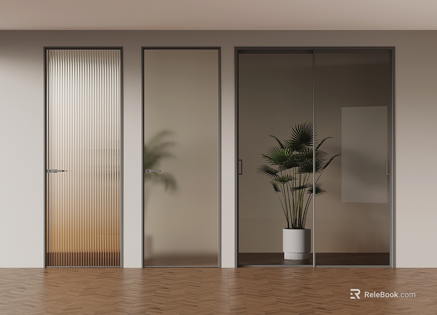 Modern Sliding Glass Doors With Ribbed And Frosted Panels And Indoor Plant In Room 3d model 