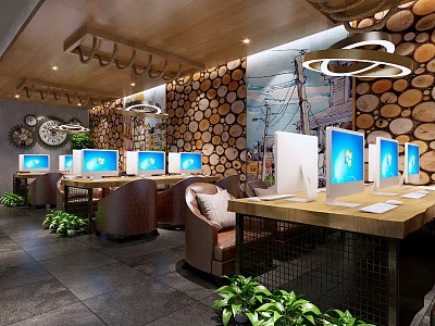 Modern Internet Cafe Interior Design With Wooden Log Walls Computers And Green Plants 3d model