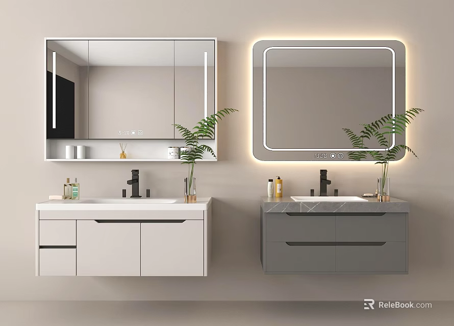 Modern Bathroom Vanity With Two Different Colored Units Backlit Mirrors And Potted Plants 3d model