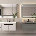 Modern Bathroom Vanity With Two Different Colored Units Backlit Mirrors And Potted Plants 3d model