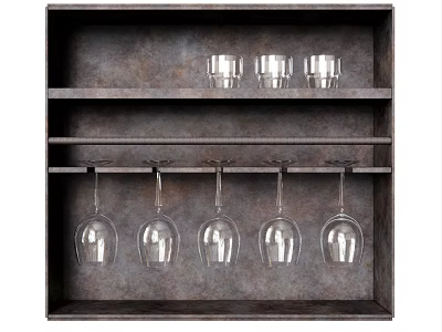 Multi Tiered Rustic Wine Rack With Small Glasses And Hanging Goblets 3d model