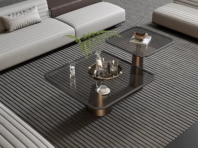 Modern Coffee Table With Glass Top Metal Base Sofa And Decorative Plant Tray Cup 3d model