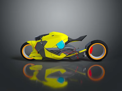Futuristic Yellow Motorcycle With Blue Windshield Orange Rims And Sleek Modern Design 3d model