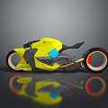 Futuristic Yellow Motorcycle With Blue Windshield Orange Rims And Sleek Modern Design