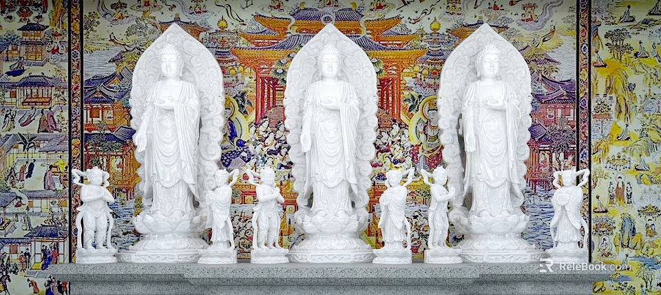 Three White Marble Buddha Statues With Colorful Mural And Decorative Background 3d model 