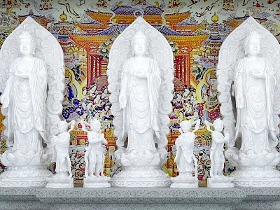 Three White Marble Buddha Statues With Colorful Mural And Decorative Background 3d model