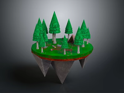 Floating Island Scene With Green Pine Trees And Small Tent On Rocky Base 3d model