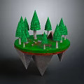 Floating Island Scene With Green Pine Trees And Small Tent On Rocky Base