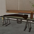 Modern Chinese Guzheng Musical Instrument On Wooden Table With Vase Bamboo Decor And Green Plants