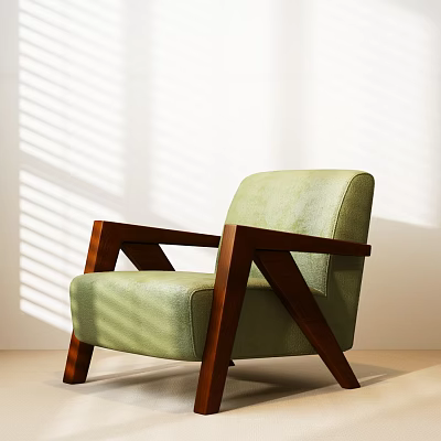 Light Green Single Sofa With Wooden Armrests And Legs Against White Wall With Blinds Shadows 3d model