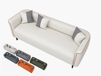 White Three Seater Sofa With Orange Stitching And Plaid Cushions Including Various Colored Accent Pillows 3d model