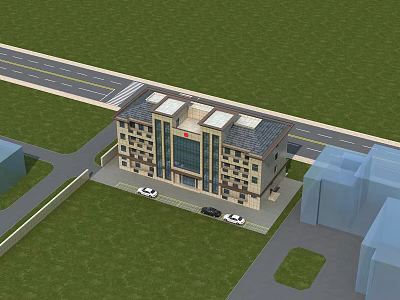 Multi Story Office Building With Glass Windows Green Lawn And Roadside Parking Area 3d model