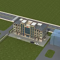 Multi Story Office Building With Glass Windows Green Lawn And Roadside Parking Area