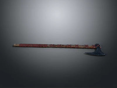 Traditional Decorative Axe With Red Patterned Handle And Dark Colored Head 3d model