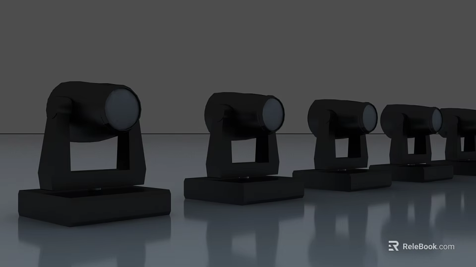 Stage Setup with a Row of Black Stage Lights on Reflective Floor 3d model