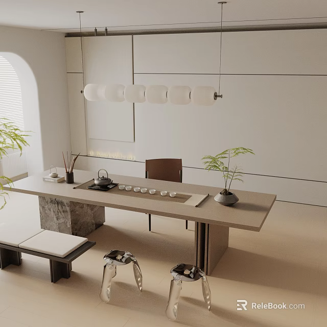 Modern Tea Room Interior With Long Tea Table Ceramic Teasets Hanging Lights And Potted Plants 3d model 