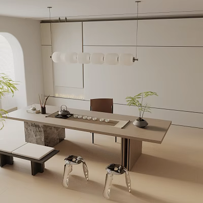 Modern Tea Room Interior With Long Tea Table Ceramic Teasets Hanging Lights And Potted Plants 3d model