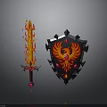 Mythical Flaming Sword and Phoenix Design Shield with Red Gemstones and Glowing Accents