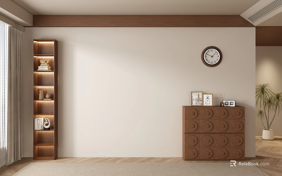 Warm Sofa Background Wall with Wooden Shelf Lighting Decorations Brown Cabinet Frames and Round Clock 3d model 