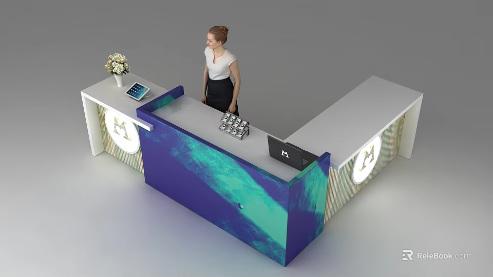 Modern Reception Desk With Blue White Marble Design Tablet Vase And Staff Member 3d model 