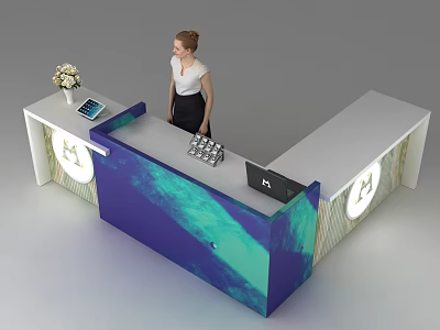Modern Reception Desk With Blue White Marble Design Tablet Vase And Staff Member 3d model