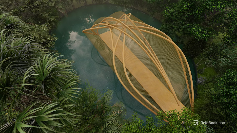 Modern Road Bridge With Wooden Curved Structure And Natural Surroundings 3d model 