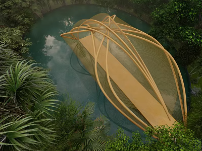 Modern Road Bridge With Wooden Curved Structure And Natural Surroundings 3d model