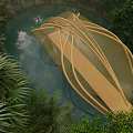Modern Road Bridge With Wooden Curved Structure And Natural Surroundings
