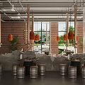 Modern Industrial Restaurant Interior With Red Brick Walls Hanging Lanterns And Metal Barrel Stools