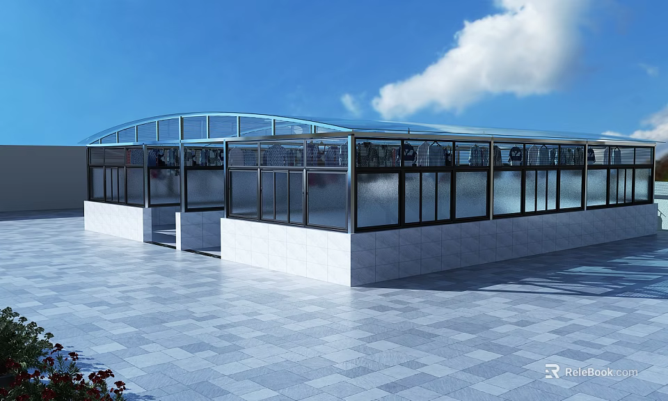 Modern Glass Canopy With Transparent Roof White Walls And Windows On Stone Floor 3d model 