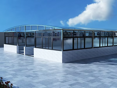 Modern Glass Canopy With Transparent Roof White Walls And Windows On Stone Floor 3d model