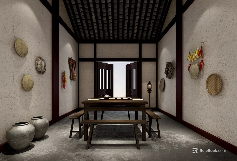 Traditional Chinese Room Interior With Wooden Table Benches Bamboo Wall Decorations And Clay Jars 3d model 