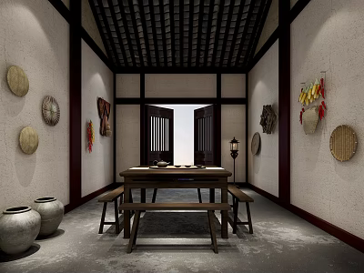 Traditional Chinese Room Interior With Wooden Table Benches Bamboo Wall Decorations And Clay Jars 3d model