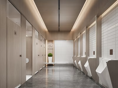 Modern Public Restroom Interior With Wooden Stalls White Tiled Walls Urinals Potted Plant And Wall Clock 3d model