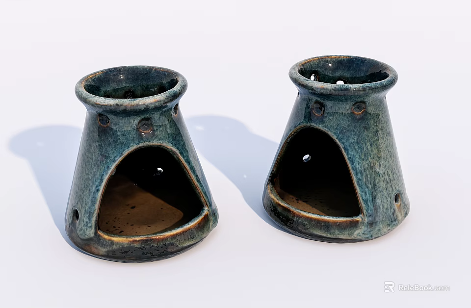 Handcrafted Blue Green Ceramic Vessels with Conical Shape and Textured Surface 3d model 