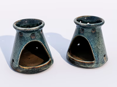 Handcrafted Blue Green Ceramic Vessels with Conical Shape and Textured Surface 3d model