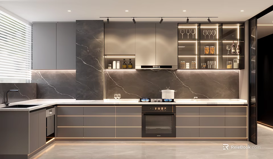 Modern Kitchen Interior Design With Gray Cabinets Marble Backsplash And Built in Appliances 3d model 