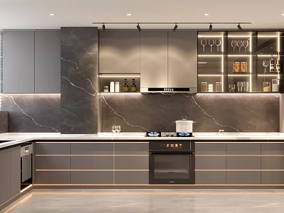 Modern Kitchen Interior Design With Gray Cabinets Marble Backsplash And Built in Appliances 3d model