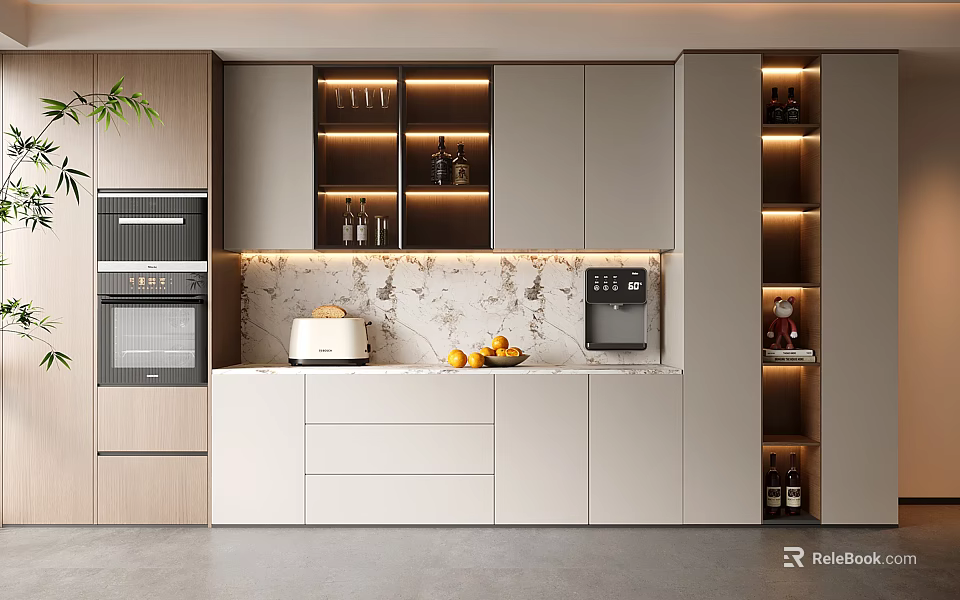 Modern Kitchen Wine Cabinet With Glass Shelves LED Lighting And Marble Countertop 3d model 