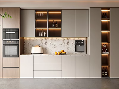 Modern Kitchen Wine Cabinet With Glass Shelves LED Lighting And Marble Countertop 3d model