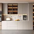 Modern Kitchen Wine Cabinet With Glass Shelves LED Lighting And Marble Countertop