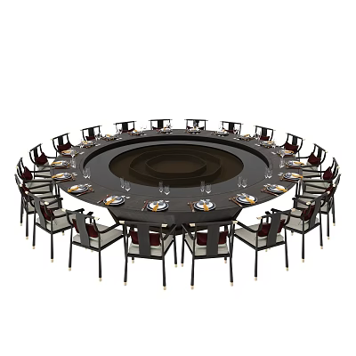 Large Round Dining Table Set With Multiple Chairs And Tableware For Restaurant Banquet 3d model