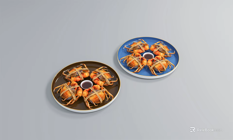 Tied Fresh Crabs Served on Brown and Blue Plates with Central Sauce 3d model 