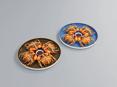 Tied Fresh Crabs Served on Brown and Blue Plates with Central Sauce 3d model