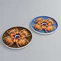 Tied Fresh Crabs Served on Brown and Blue Plates with Central Sauce