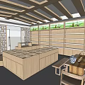 Specialty Store Interior Featuring Wooden Shelves Display Counters And Ceiling Structure