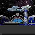Modern Exhibition Reception Desk Design With LED Lighting Digital Screens And Blue Accents