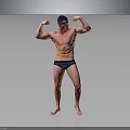 Shirtless Muscular Man Flexing Biceps in Black Underwear on Gray Background