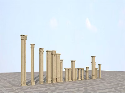 Classical Beige Stone Roman Columns in Various Heights on Checkerboard Floor 3d model