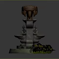 Enchanted Landscape With Wooden Stump Altar Claws Small Statue Glowing Green Light And Yellow Flowers